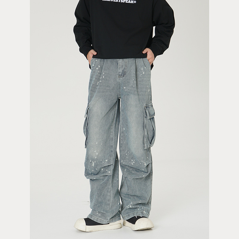 Vintage Cargo Jeans For Men – Distressed Multi-Pocket Streetwear Pants With Splatter Paint & Oversized Fit (S-XXXL) – Grunge Revival Essential_mkmklike.com