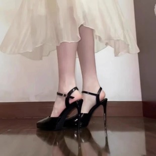 Shiny Black High Heels Women's Chopping Men's Thin Heels Not Tired Feet Waterproof Platform High-end Feeling Pointed Sandals Women's 2024 New Style