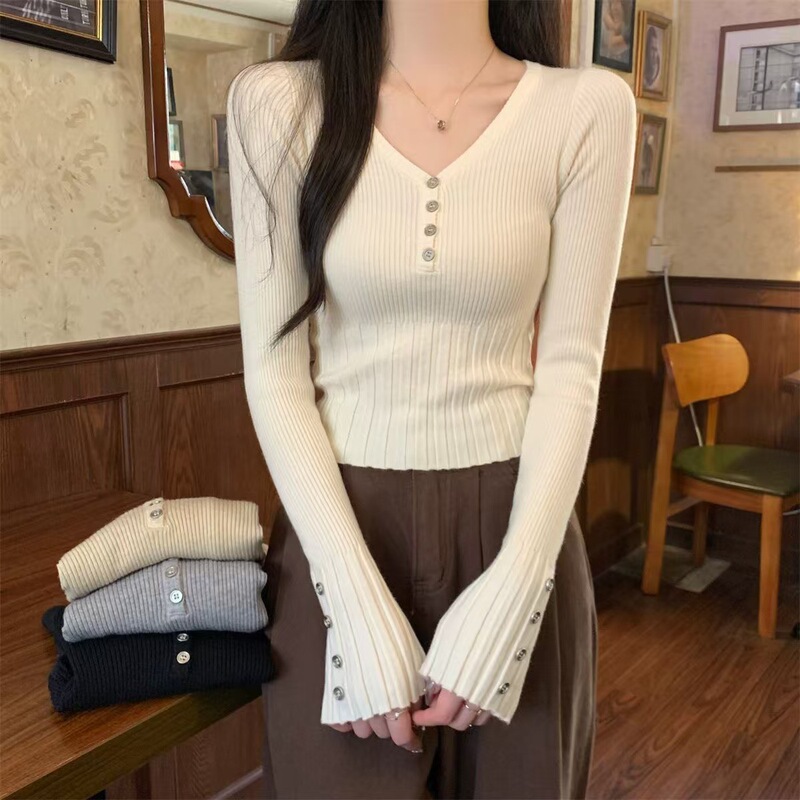 Knitted Autumn and Winter Korean Style Slim V-Neck Button Versatile Slim Fit Stretch Long Sleeve Top Knitted Autumn and Winter Korean Style Slim V-Neck Button Versatile Slim Fit Stretch Long Sleeve Top