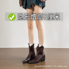 内增高马丁靴女2025新款秋冬季尖头棕色复古矮小个子英伦短筒短靴