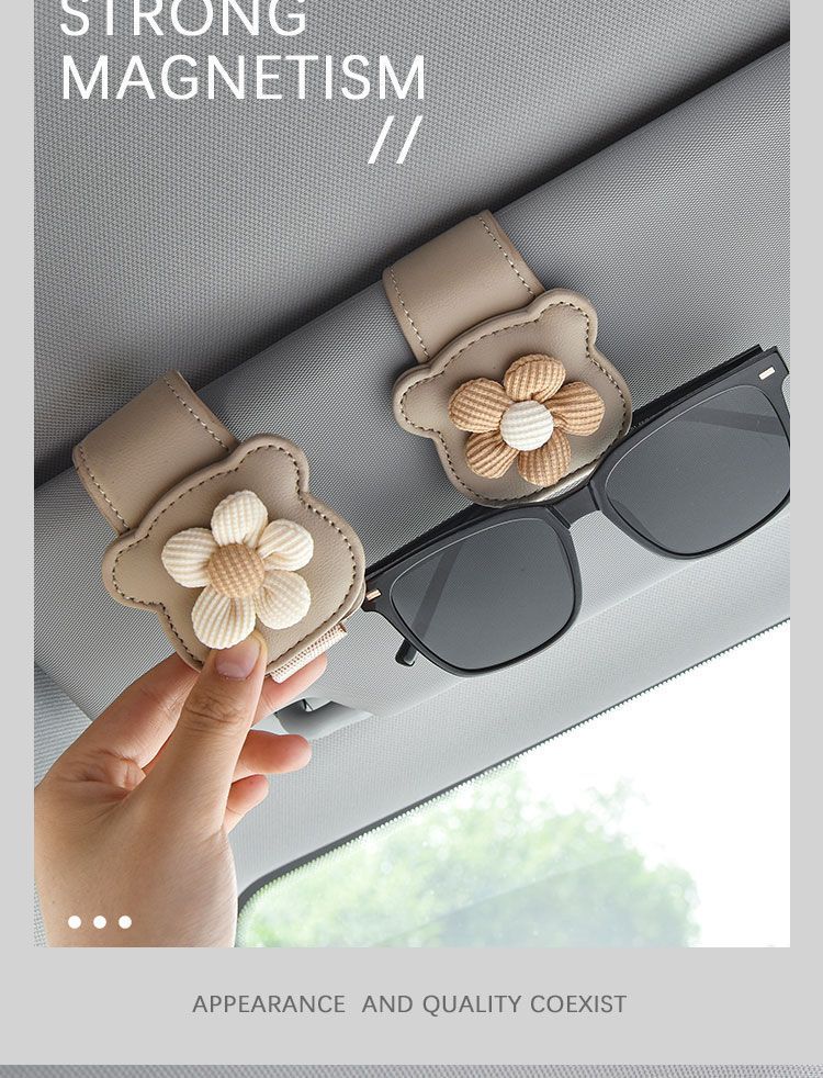 Cute Floral Car Glasses Holder Multifunctional Leather Car Sun Visor Sunglasses Card Holder