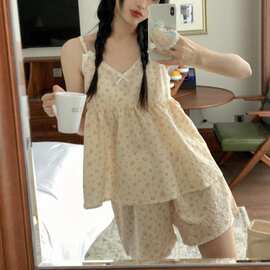 韩国ins夏季新款睡衣女韩系温柔小碎花花边吊带套装简约家居服女