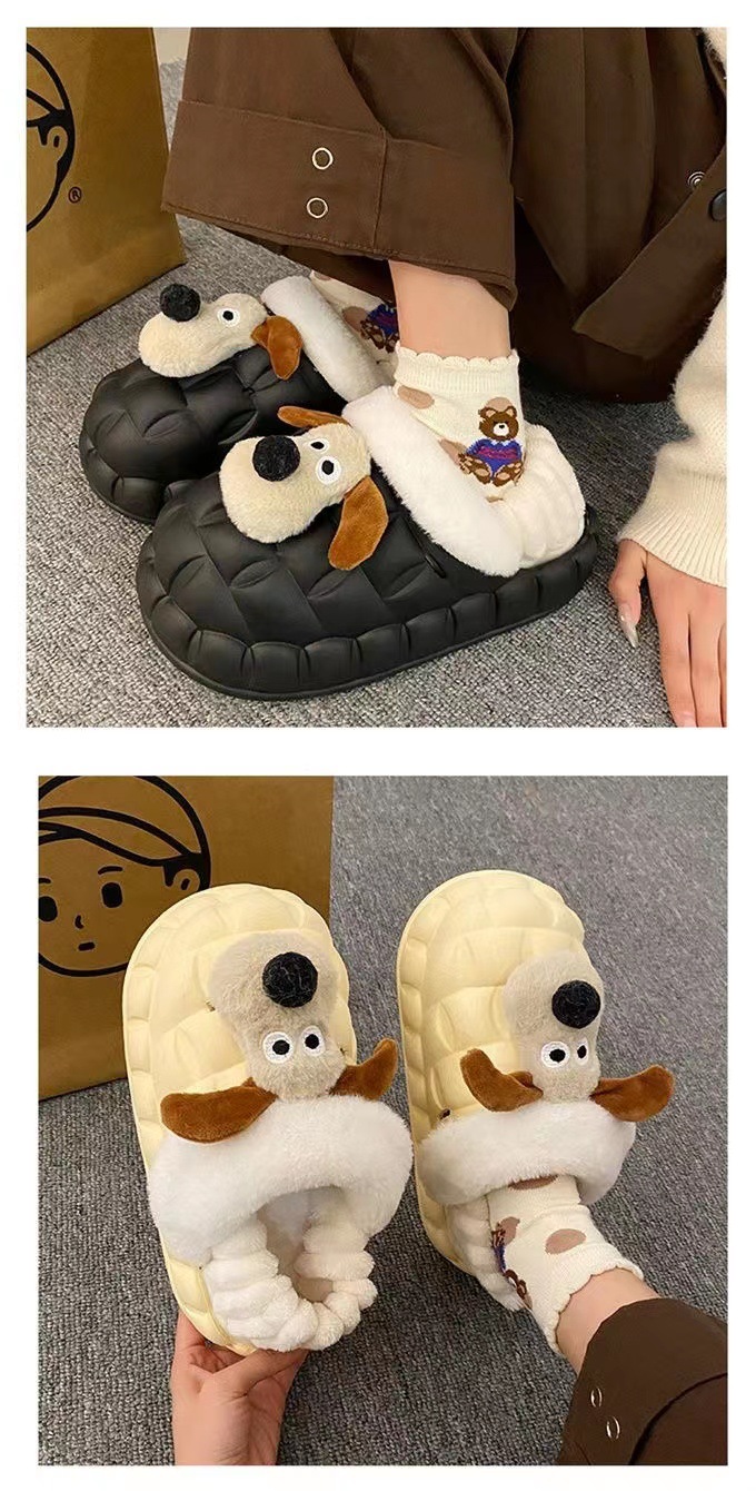 Pantofole da donna impermeabili con motivo a cane dei cartoni animati, antiscivolo, fondo spesso, calde e morbide, graziose scarpe di cotone per la casa e_voghion.com