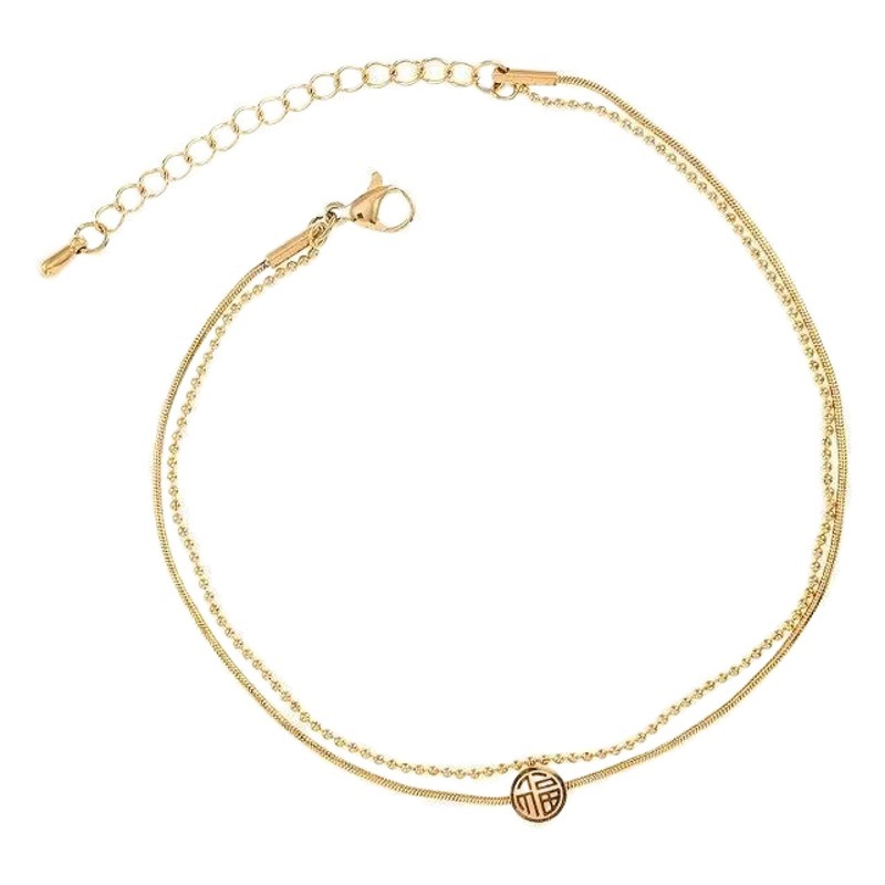 Fu personaje doble capa sexy tobillera mujer estilo coreano simple Mori pies cadena desnuda personalidad acero de titanio tobillera temperamento tobillera estudiante