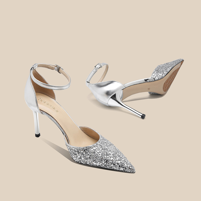 [Clearance] Sequined Pointed High Heels Women's Stiletto Heel Hollow Baotou Sandals Dress Wedding Bridesmaid