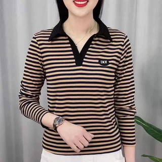 长袖翻领印花时尚T恤POLO领宽松显瘦减龄洋气女上衣潮