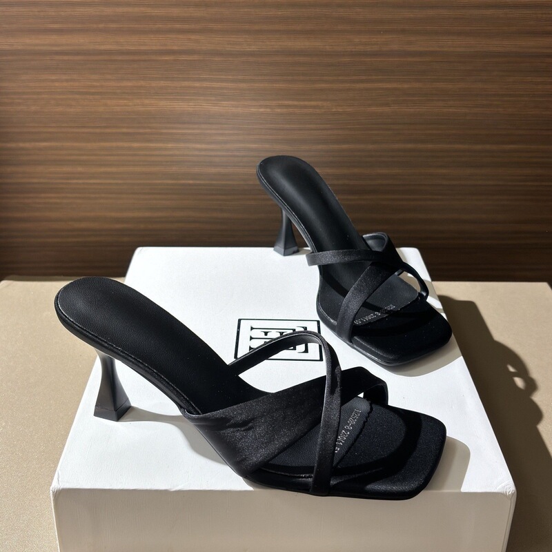 First Encounter with the French-Style Square-Toe Cross-Strap High-Heeled Slip-On Sandals for Women, Featuring a Thin Heel, Open Toe, and Roman Satin Design for a Summer Comfort First Encounter with the French-Style Square-Toe Cross-Strap High-Heeled Slip-On Sandals for Women, Featuring a Thin Heel, Open Toe, and Roman Satin Design for a Summer Comfort