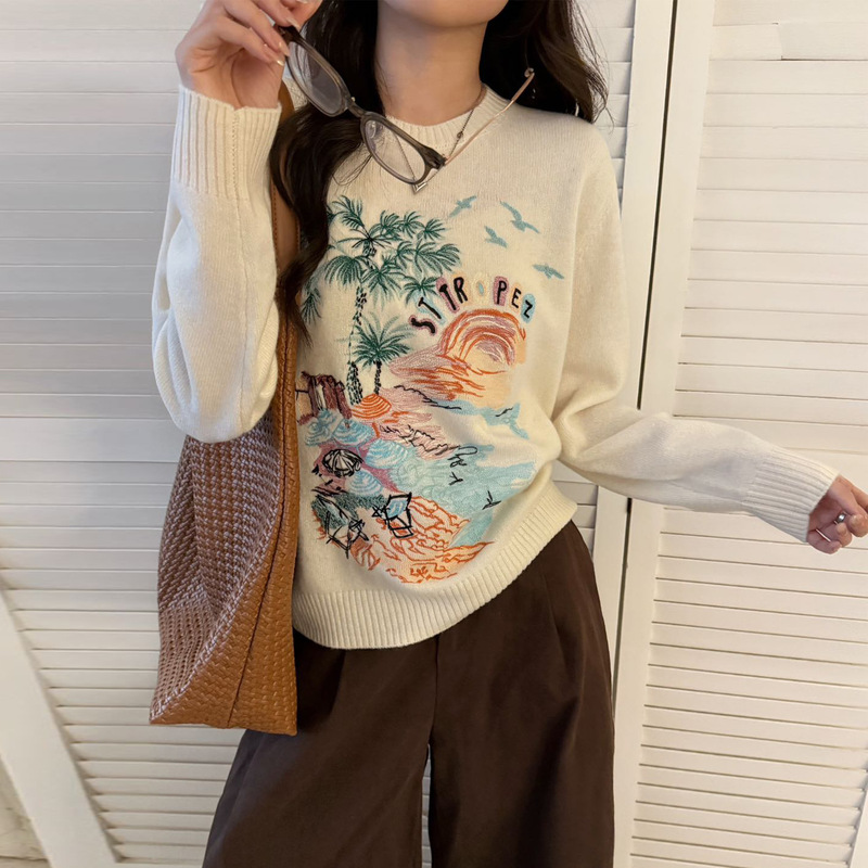 2025女装毛衣重工椰树海摊刺绣洋气减龄全羊毛圆领套头针织衫上衣|undefined
