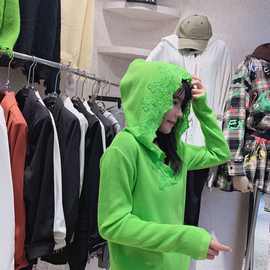 欧洲站春装女2021新款欧货 ins超火洋气蕾丝花边拼接连帽针织上衣