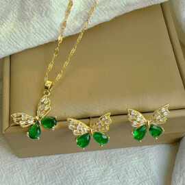 【钛钢】镂空蝴蝶项链耳环套装时尚轻奢微镶锆石气质宴会项饰组合