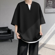 跨境v领T恤男士夏季潮流薄款假两件短袖体桖衫潮牌凉感冰丝运铭亦