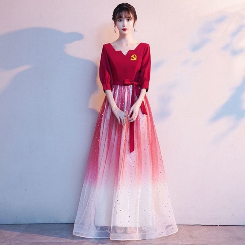 红歌大合唱团演出服女成人长裙指挥朗诵独比赛服装唱渐变红色礼服|undefined
