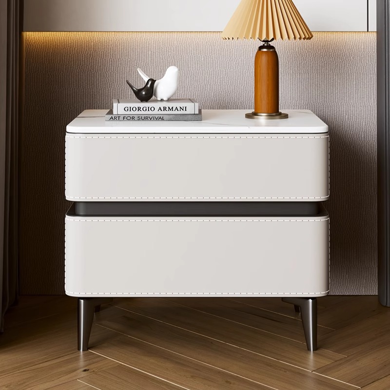 Mesita de noche de cuero estilo saddle para dormitorio, moderna 2023, de lujo ligero, con acabado mate pizarra, mueble de almacenamiento, minimalista italiano, de madera maciza