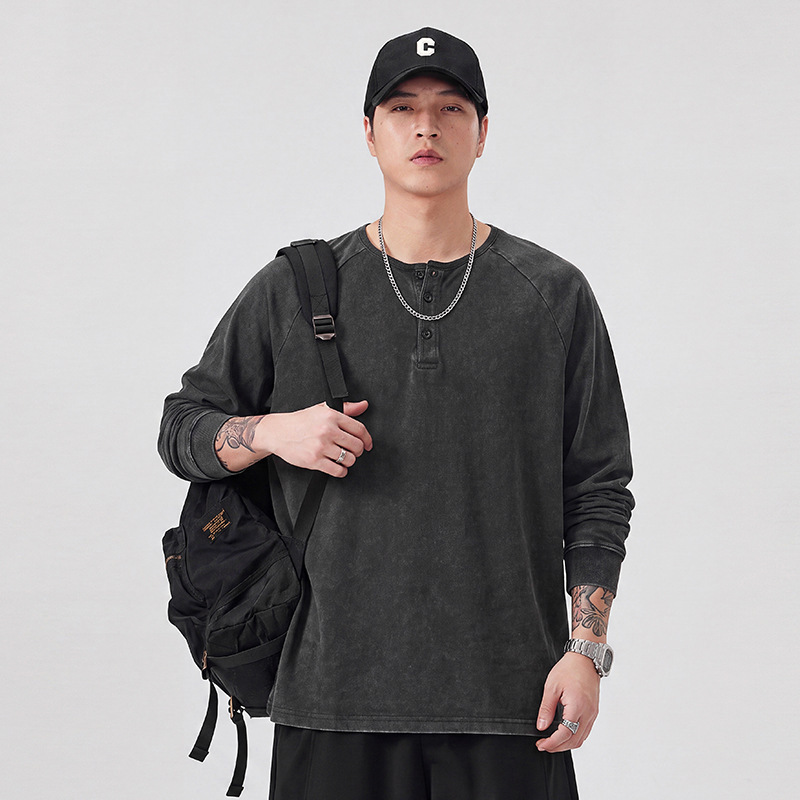 F2931 | Plus-size men's autumn pure cotton Henry long-sleeve T-shirt, loose fit, trendy vintage washed and distressed top F2931 | Plus-size men's autumn pure cotton Henry long-sleeve T-shirt, loose fit, trendy vintage washed and distressed top