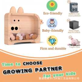 跨境木质儿童存钱罐实木小猪方形储蓄罐只进不出硬币纸币存储罐