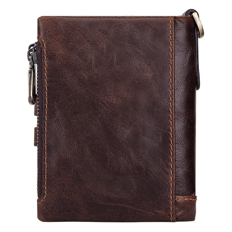 Cartera corta de cuero genuino para comercio exterior, con protección RFID antirrobo, piel de vacuno de primera capa, ranuras múltiples para tarjetas, tarjetero, triple pliegue, múltiples cremalleras, bolsillo para monedas