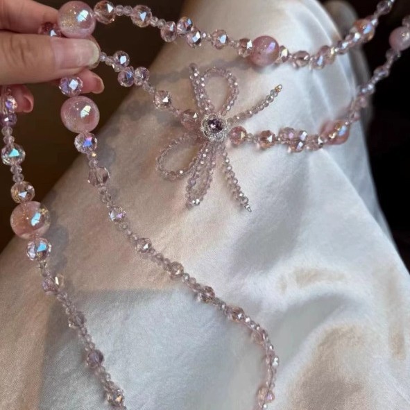 粉色超仙蝴蝶结串珠手机挂绳女轻奢甜美斜可背带手机挂链包包链条|undefined