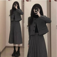 小香风毛呢套装裙2024新款气质小个子短款外套女半身裙两件套女装