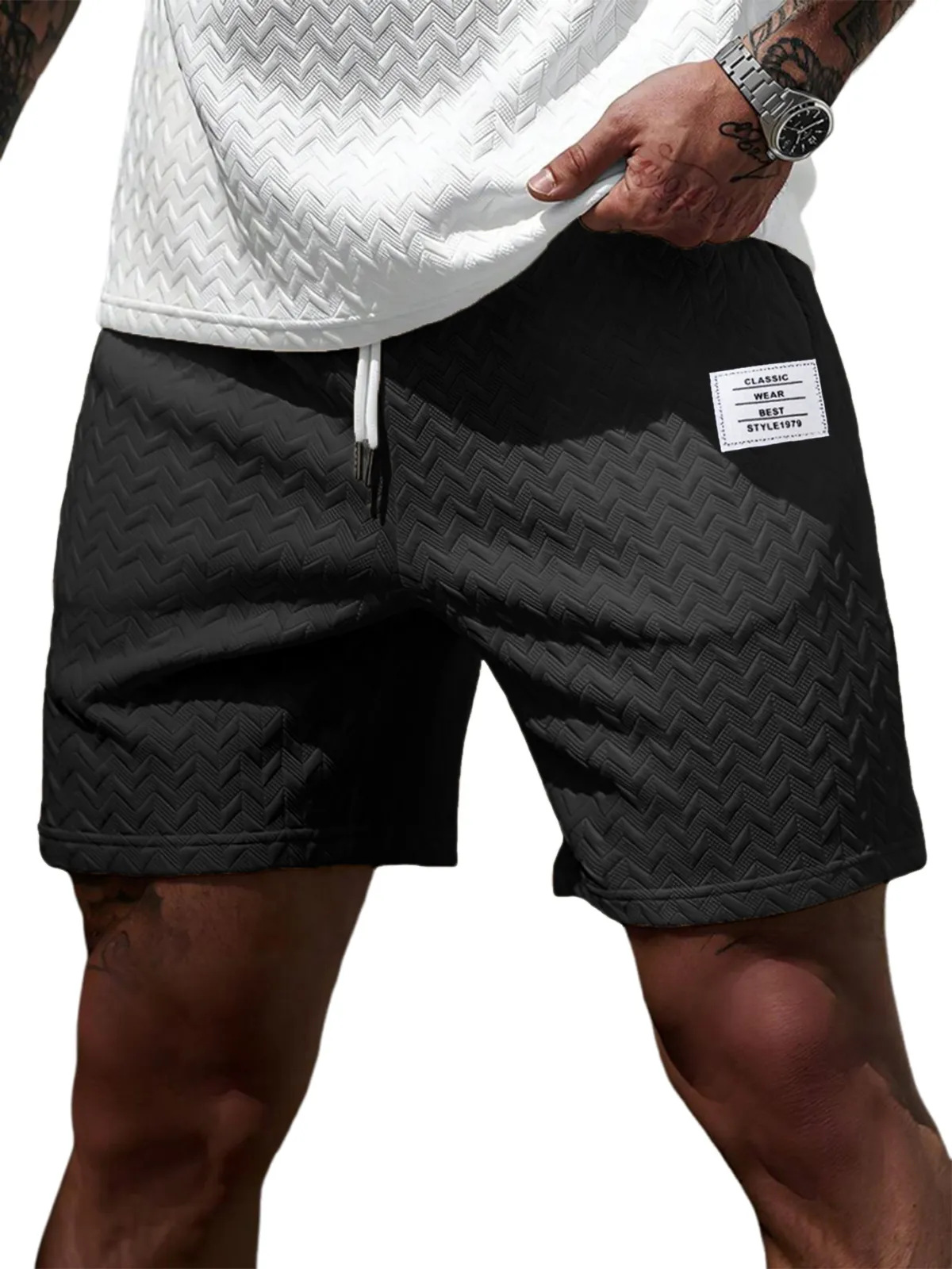 Short d'été décontracté pour homme, coupe ample, couleur unie, tissu jacquard, cordon de serrage, style plage, pour occasions formelles et décontractées._voghion.com
