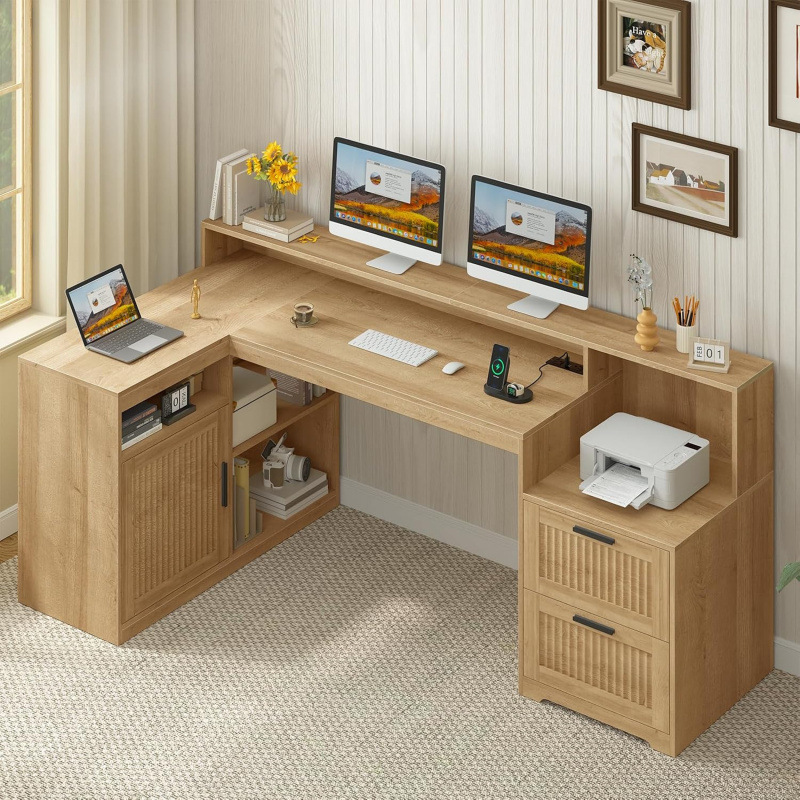 Natural wood style L-shaped corner double computer desk with vertical stripe storage cabinet and printer space for home study and writing Natural wood style L-shaped corner double computer desk with vertical stripe storage cabinet and printer space for home study and writing