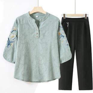 Mom's Summer Suit 50 Years Old 2024 New Middle-Aged and Elderly Tops Female Grandma Summer Style Short-Sleeved T-Shirt