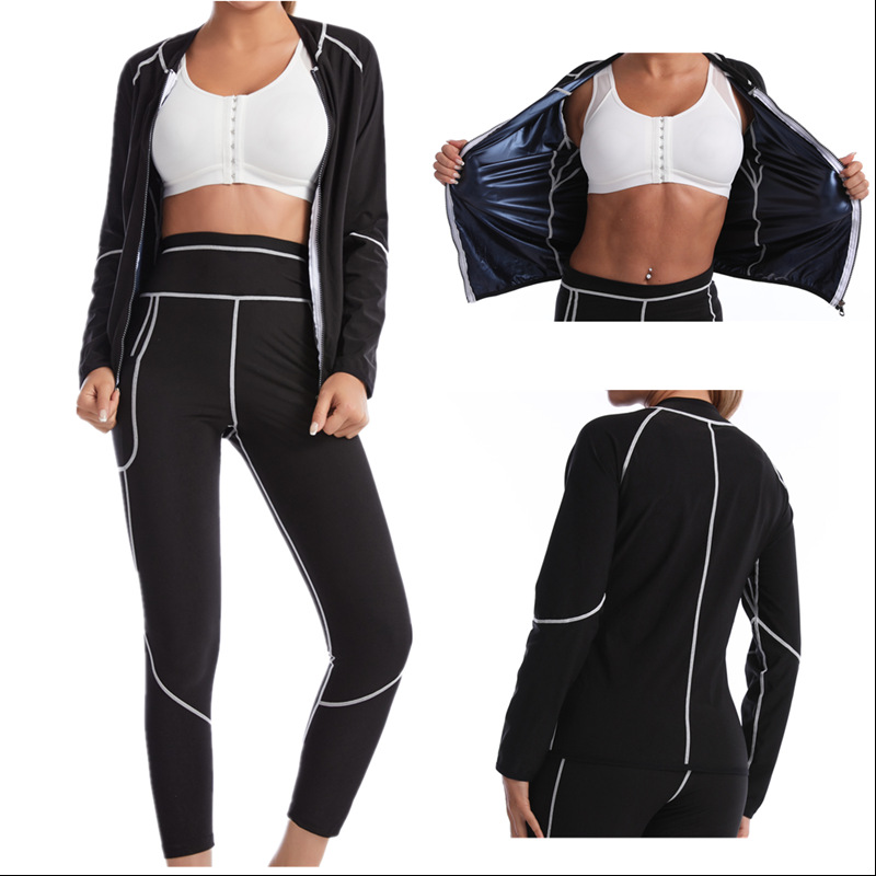 Foreign Trade hot Silver-coated pu Stitching Long-sleeved Trousers Thin Sweat-stuffy Sportswear Yoga Elastic Body Shaping Sweat-enhancing Clothes