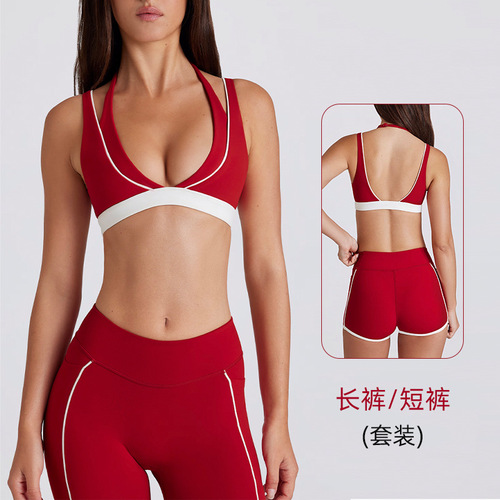 Cross-border false two-piece contrasting white striped running fitness shorts V-neck shoulder strap sports bra workout set yoga outfit