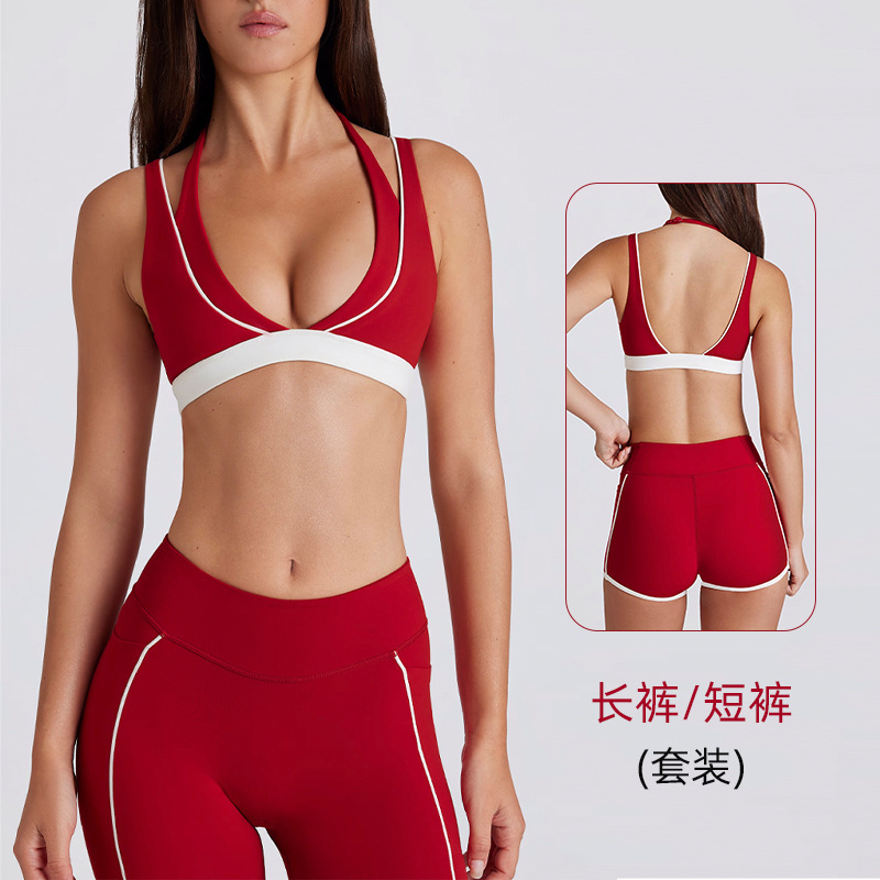 Cross-Border Fake Two-Piece Contrasting White Striped Running Fitness Shorts V Neck Halter Sports Bra Bra Yoga Suit