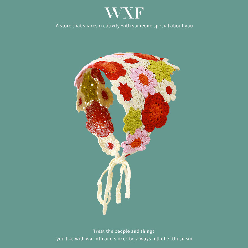 Francés vintage turbante mujer turbante triángulo de dopamina viaje dulce encantador gancho flores estilo de arte de punto de moda correa de pelo