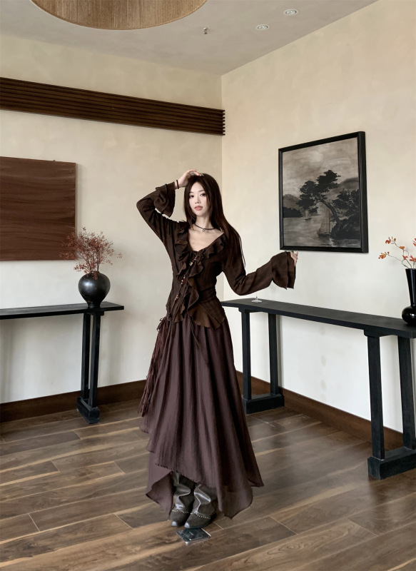 度假风套装纯色荷叶边长袖衬衫女2025秋季新款不规则半身裙两件套|undefined