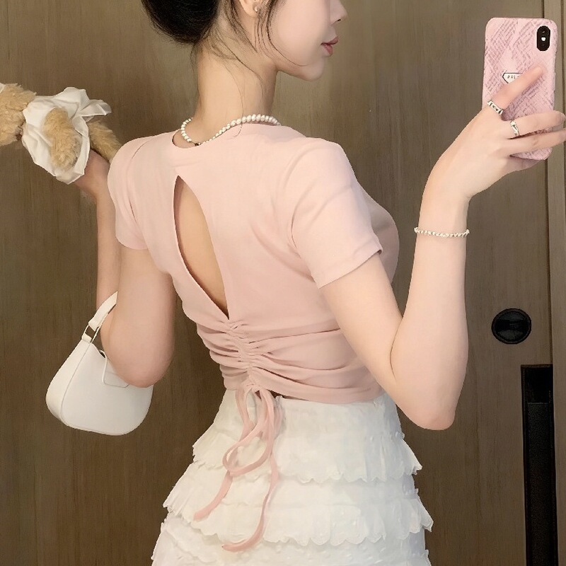 Trendy Slim-Fit Short-Sleeve T-Shirt for Women with a Unique Design, Featuring a Cut-Out Back and Drawstring, Suitable for Petite Figures, Summer Style