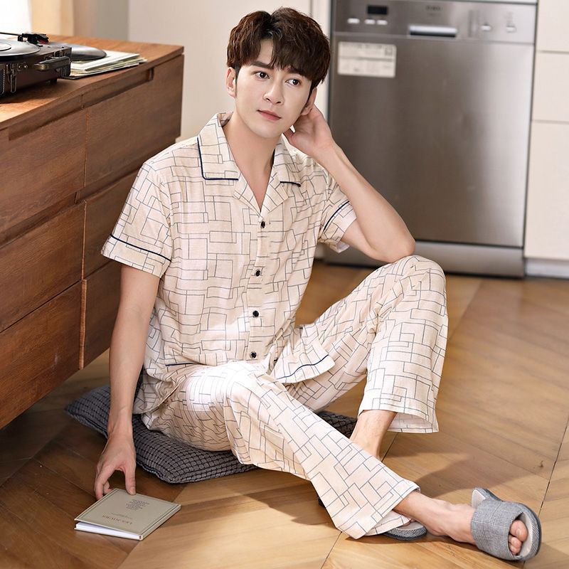 Pijamas de verano de algodón, pantalones de mangas cortas para hombres, ropa de hogar de verano más grande se puede usar fuera