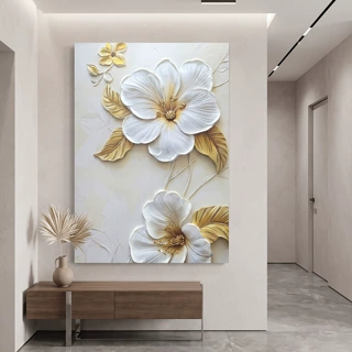 奶油风鎏金花朵手绘挂画极简玄关走廊竖版立体花卉砂岩装饰画油画
