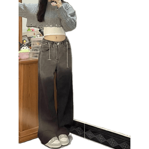 Gradient color wide-leg jeans for women's spring and summer new high-waist niche design straight loose mopping pants