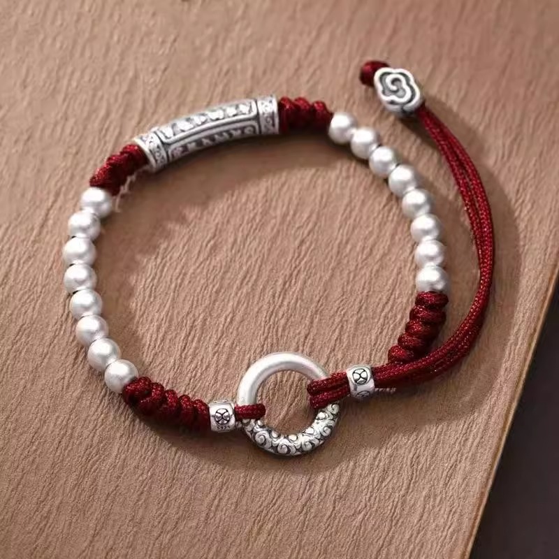[Six-character mansaying-Ping An buckle] Retro Guofeng Bracelet Men's and Women's Handmade Beaded Red Hand Rope This Year of Life