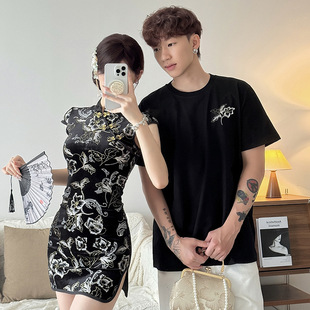 2025 Retro Summer Couple Wear Summer National Style Short-Sleeved T-Shirt Women's Dress One Skirt One Dress Ins Trend