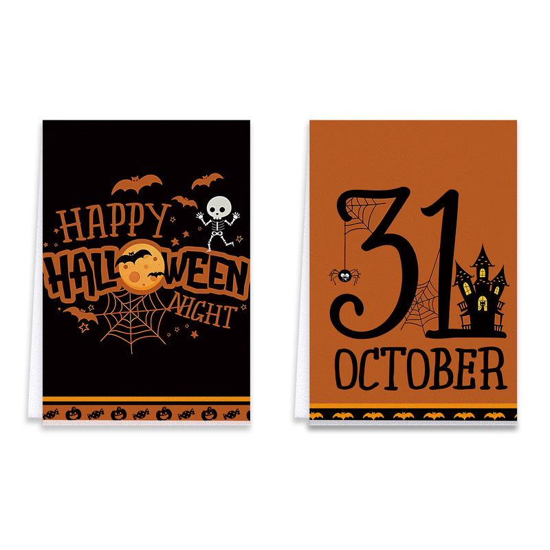人気のハロウィンコウモリカボチャキッチタオル組み合わせマイクロファイバーホームハンドタオル吸収性ディッシュタオル|undefined