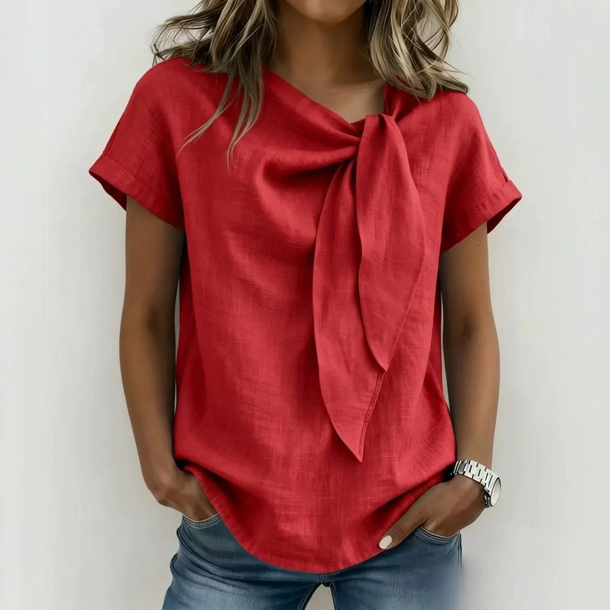 Elegant Women's Cotton Linen Blouse Bow Detail Casual Shirt Comfortable Fashionable Twist Top for Ladies_ecoleips.com