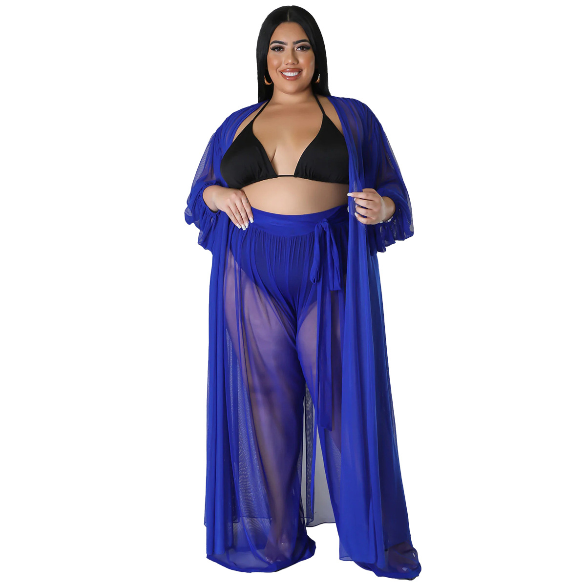 Women's plus Size Batwing Sleeve Two Piece Set European American Style Solid Color See through Long Sleeve Sexy Pants_voghion.com