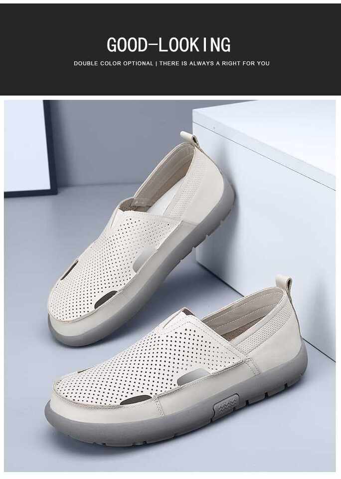 Dép sandal nam da bò đế bằng mũi tròn kiểu lười thoáng khí, đế cao 1 cm — Trắng CB9926-2, Đen CB9926-2 chi tiết 19