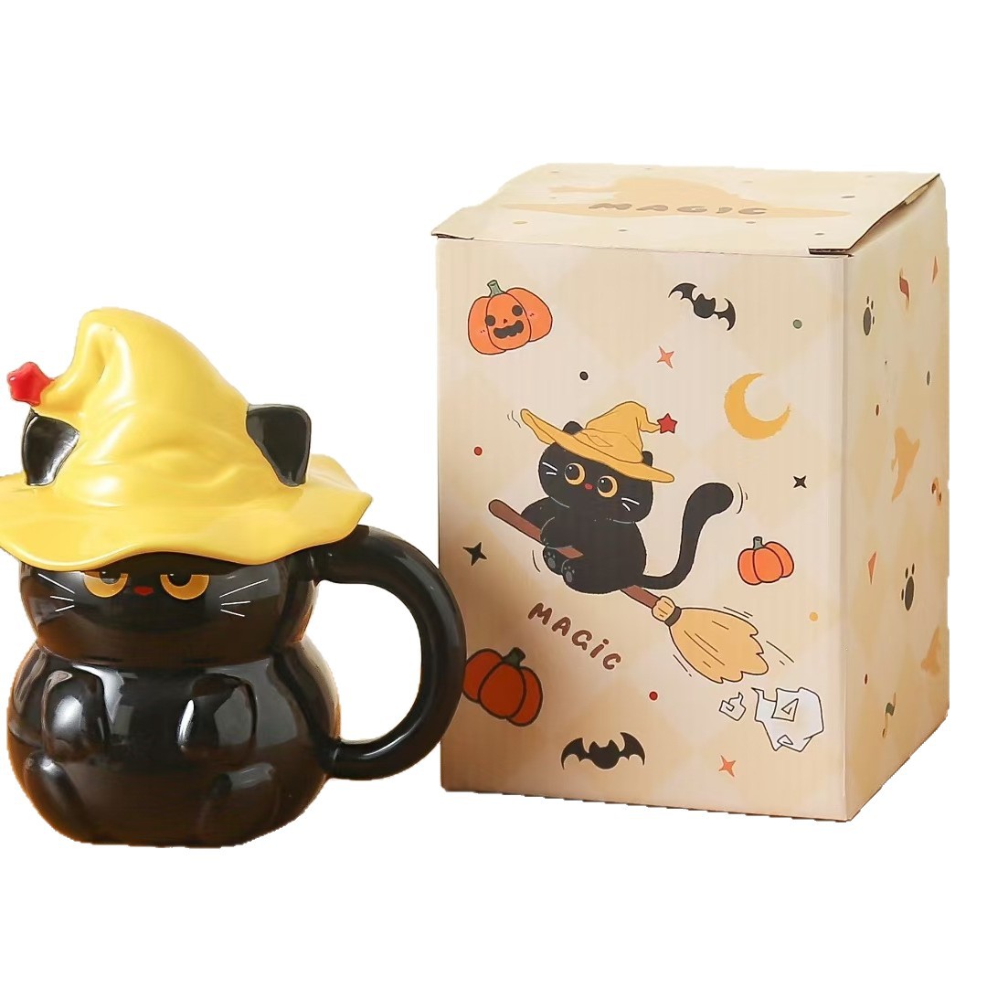Creativo lindo negro y blanco mágico gato taza de cerámica personalidad transfronteriza taza de agua con taza de café de dibujos animados cubierta