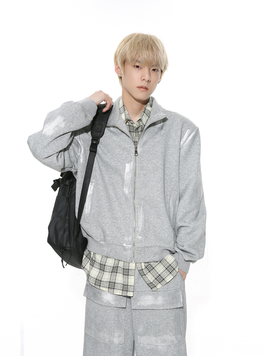 Mtlclothes ropa de Hombre | 2024 primavera nueva pintura superficie pequeña cremallera del collar soporte suéter casual marea traje deportivo