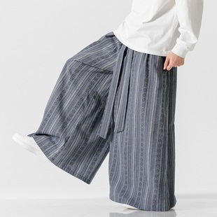 2023 autumn and winter new cross-border men's striped stitching cotton and linen trousers Chinese style men's casual plus size wide-leg pants