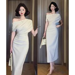 女性のためのフレンチハイエンドオフショルダードレス夏の新しいスタイルのロイヤルシスタースタイルウエスト痩身ヒップカバーアラインロングスカート