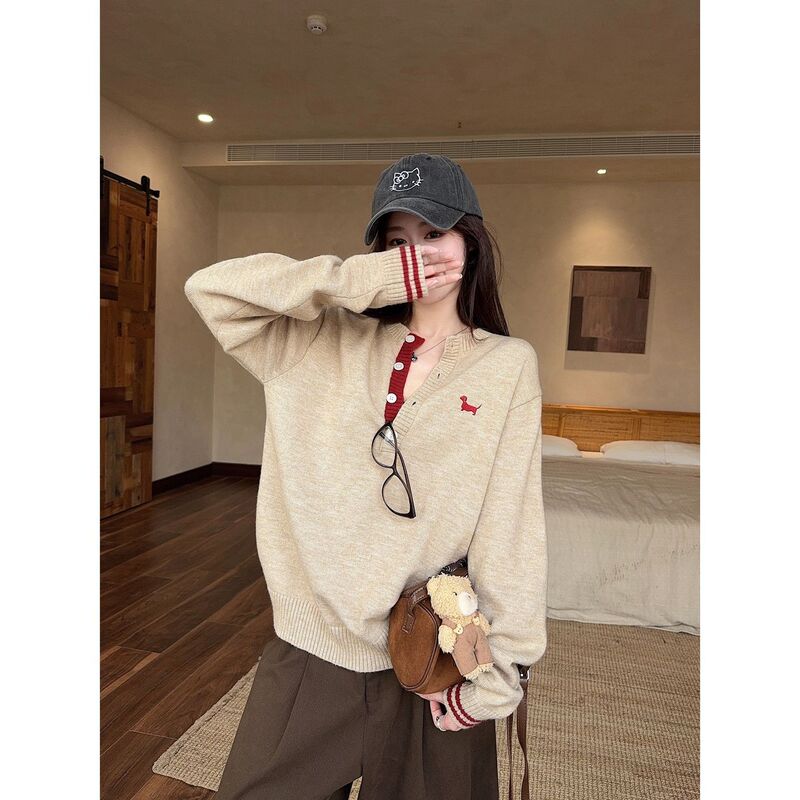 Korean-Style Half-Open Collar Dachshund Embroidery Loose Sweater for Women, Spring and Autumn Winter Andy Velvet Base Layer Knit Top Korean-Style Half-Open Collar Dachshund Embroidery Loose Sweater for Women, Spring and Autumn Winter Andy Velvet Base Layer Knit Top
