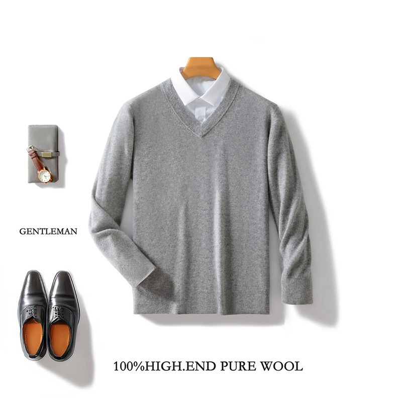 New Autumn and Winter Men's V-Neck 100% Pure Wool Sweater, Loose Solid Color Wool Knit Base Sweater, Business Casual Sweater New Autumn and Winter Men's V-Neck 100% Pure Wool Sweater, Loose Solid Color Wool Knit Base Sweater, Business Casual Sweater