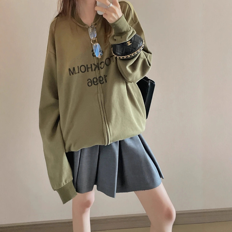 Correct Version of the New Autumn Model Ac1996 Printed Heavy-Duty Washed Vintage Sweatshirt Casual Style Zip-Up Baseball Jacket