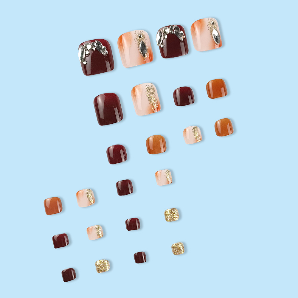 Vino rojo salto color dedo del pie desgaste de uñas pieza de manicura manchas de café diamante completo dedo del pie parche de uñas producto terminado 24 unidades caja image 4