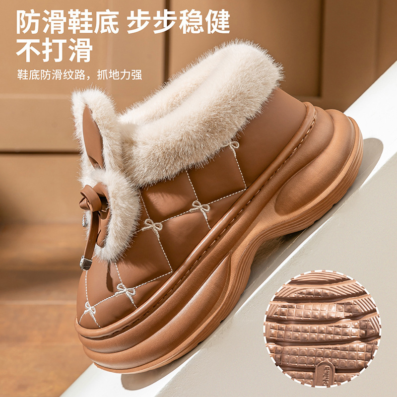 高跟棉拖鞋女包跟厚底时尚蝴蝶结PU皮拖鞋冬季保暖棉鞋外出穿防滑|undefined
