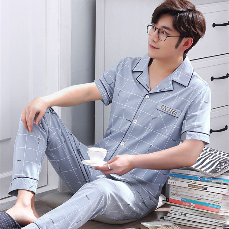 Pijamas de hombre verano 100% algodón pantalones de manga corta de primavera y otoño a cuadros finos traje de desgaste para el hogar juvenil más tamaño
